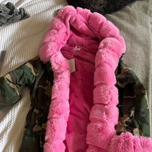 Camouflage Jacket with Pink Faux Fur Lining